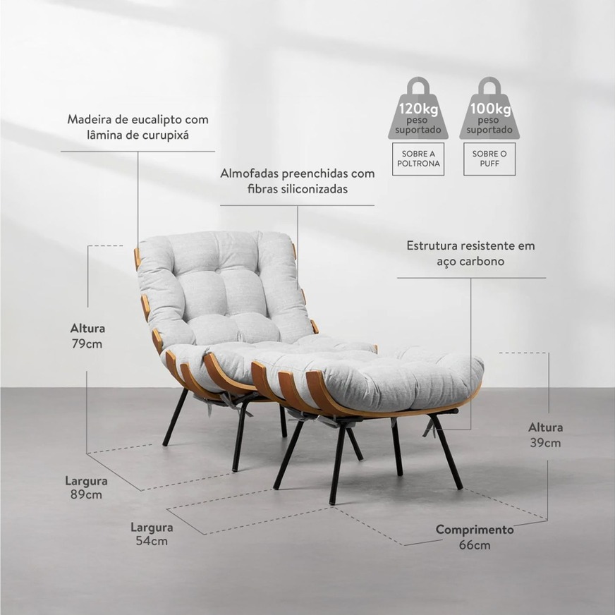 Poltrona com Puff Costela Slim Dark Cinza